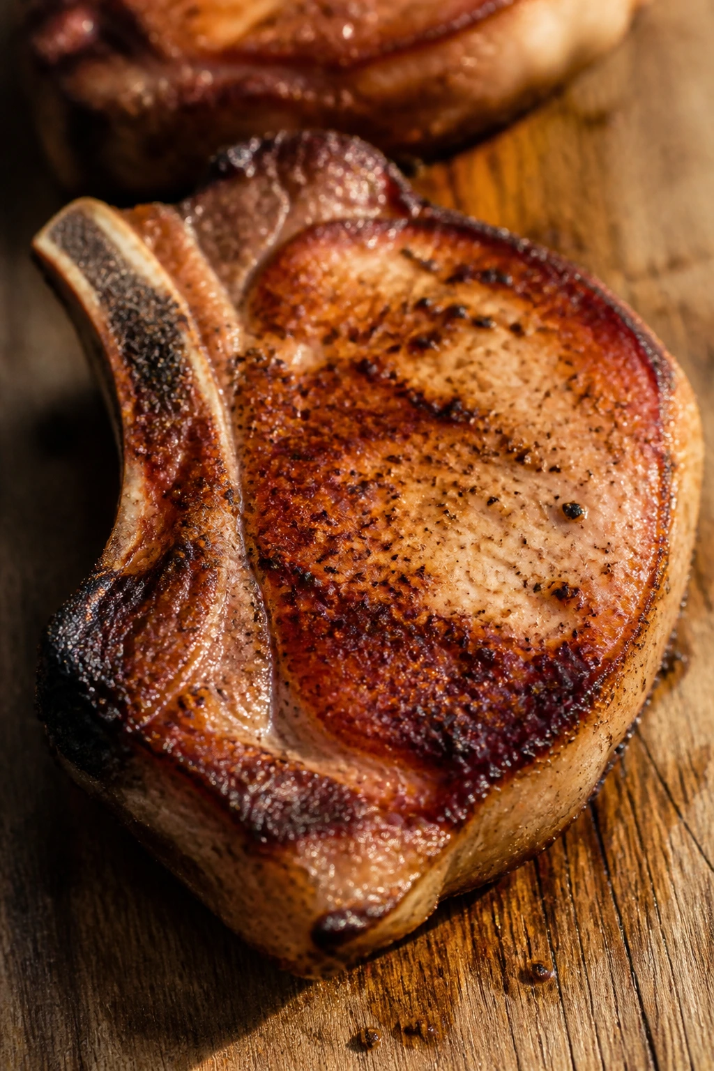 Bone-in beer-brined pork chop with sear