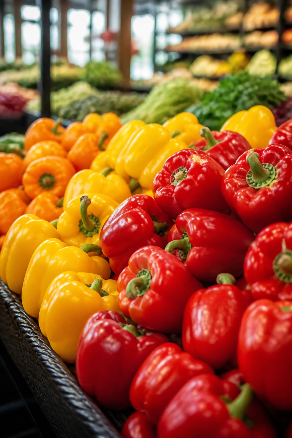 Bright bell peppers at a grocery store display ready for selection.