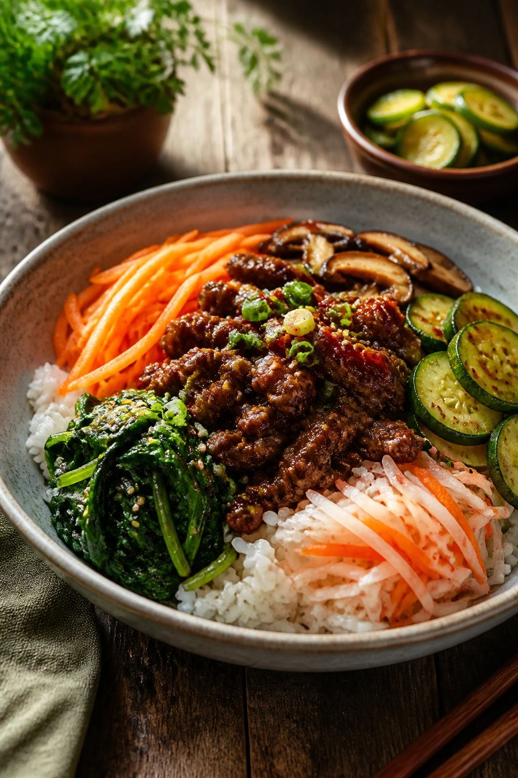 Close-up bibimbap bowl with distinct vegetables and quick pickles on wooden counter