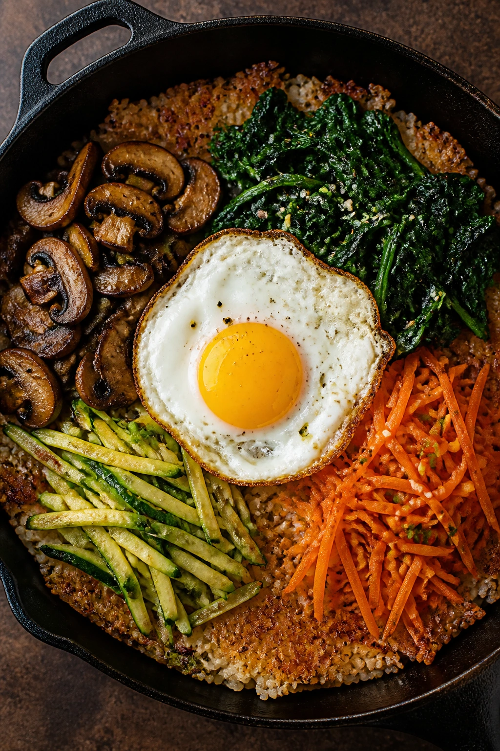 Top-down bibimbap skillet with mushrooms, spinach, and fried eggs