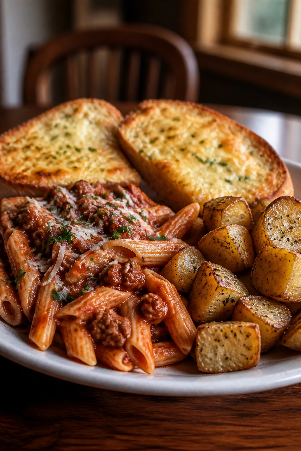 Generous plate of a hearty dinner with pasta, potatoes, and cheesy bread