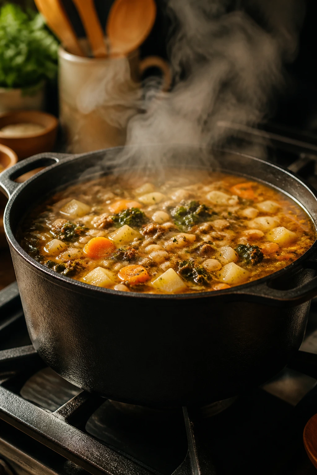 Close-up of a large cast-iron pot steaming on a stove