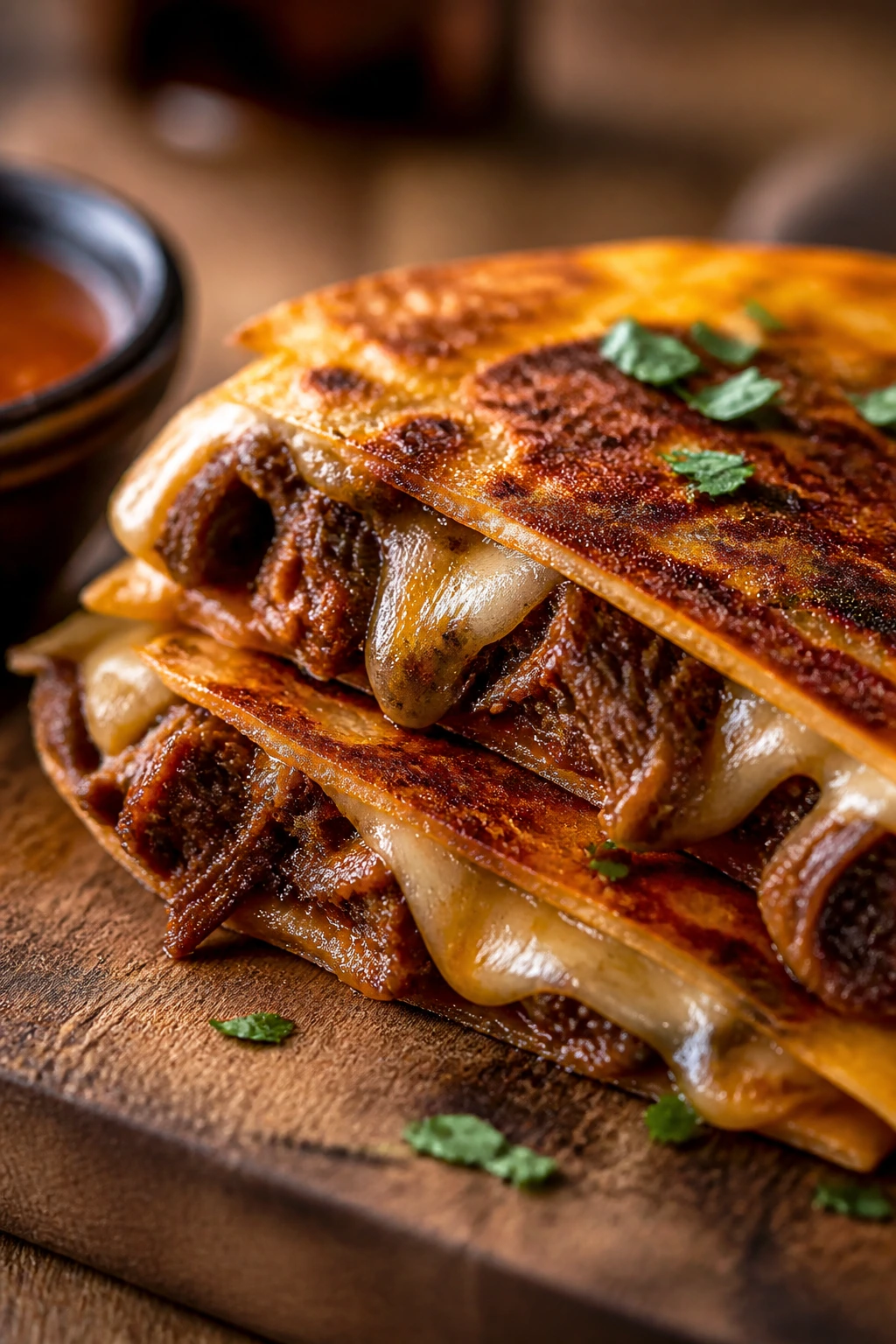 Close-up of birria-inspired beef quesadilla with melted cheese
