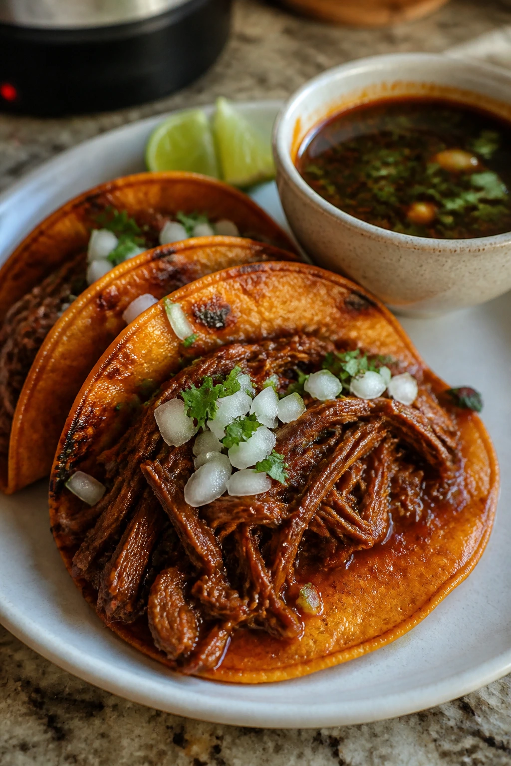 Close-up of a birria taco with red braised beef and crispy tortilla edges
