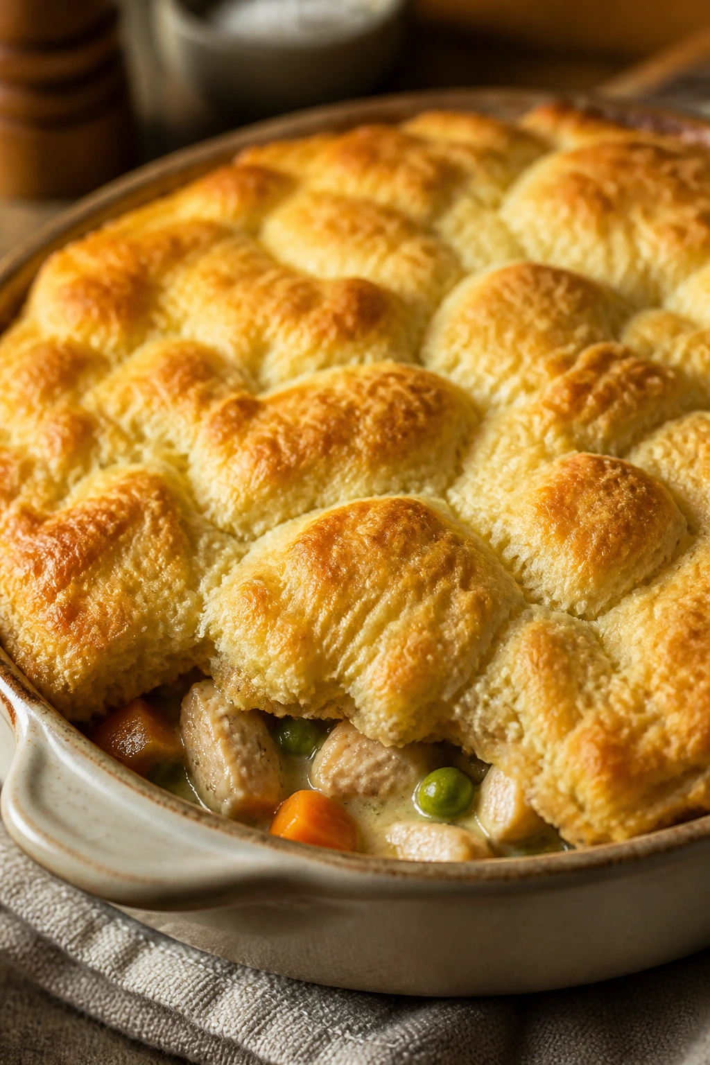 Close-up of biscuit-topped chicken pot pie with steam and golden crust