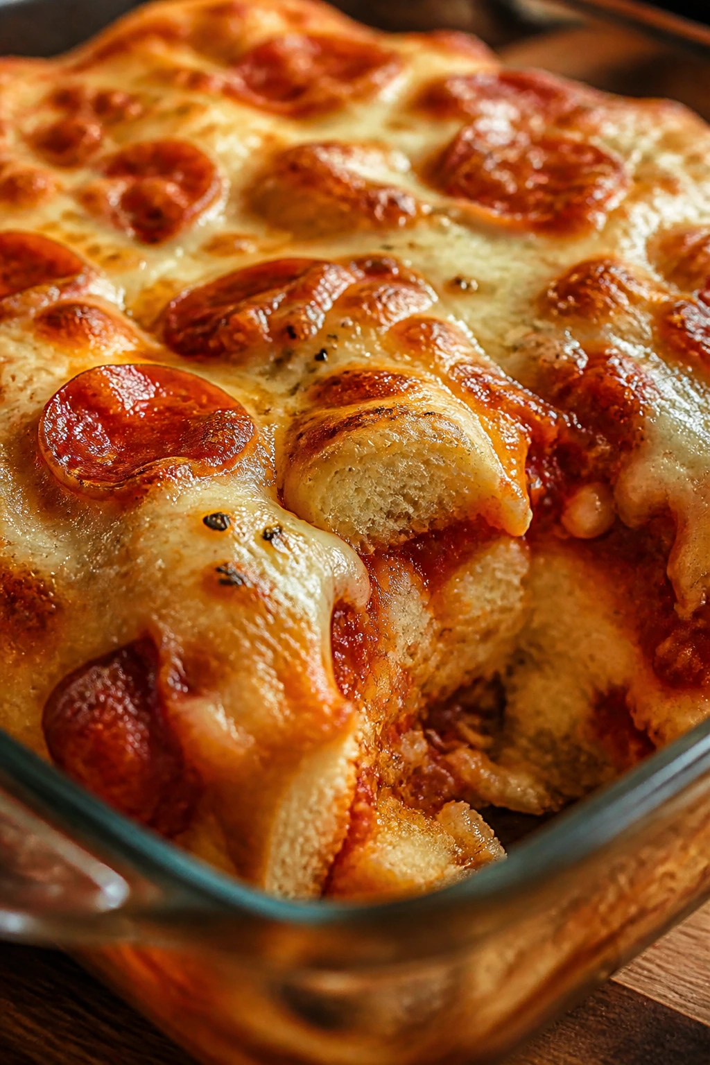 Biscuit pizza casserole portion with golden crust and cheese.