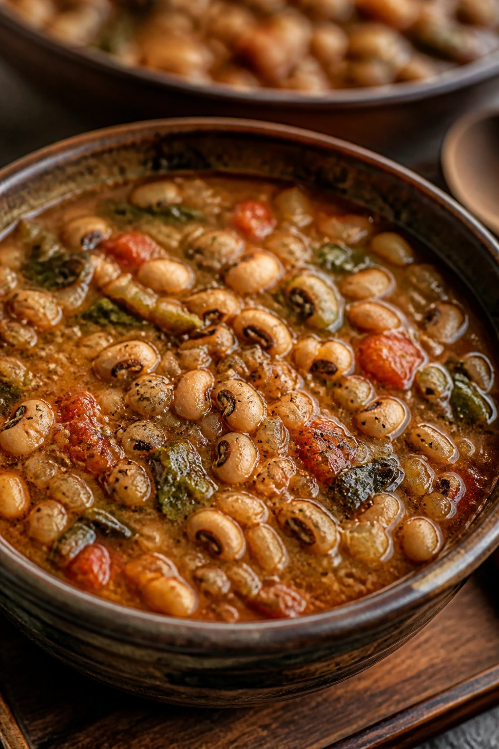 Thick black-eyed pea stew with greens in a rustic bowl