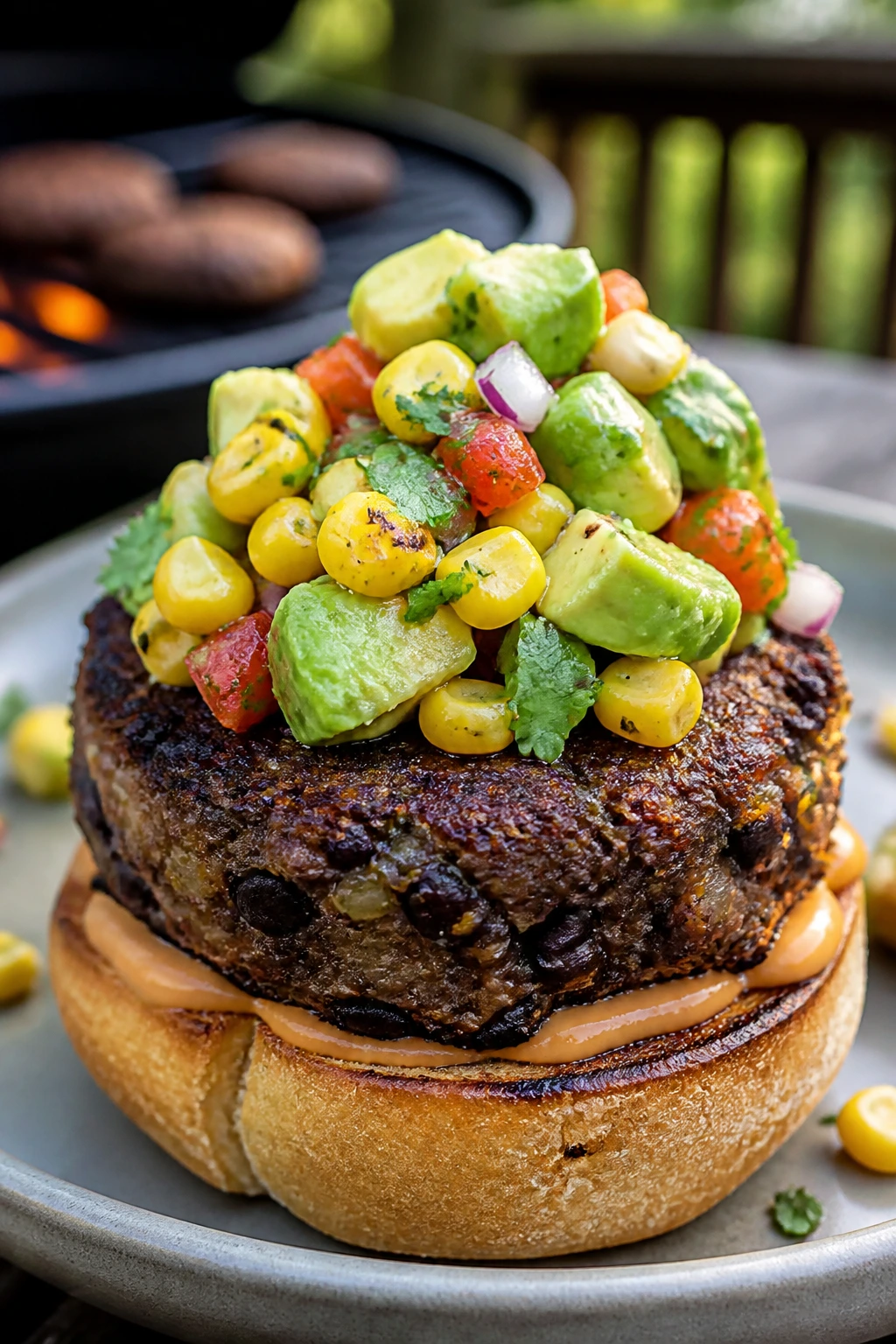 Close-up of a black bean burger with avocado corn salsa topping