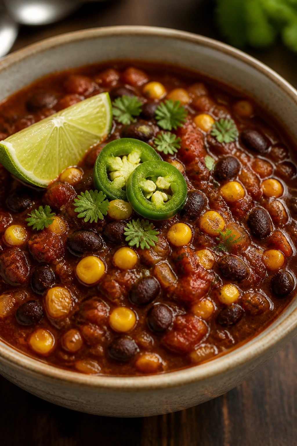 Close-up of Black Bean and Corn Chipotle Chili with beans and corn