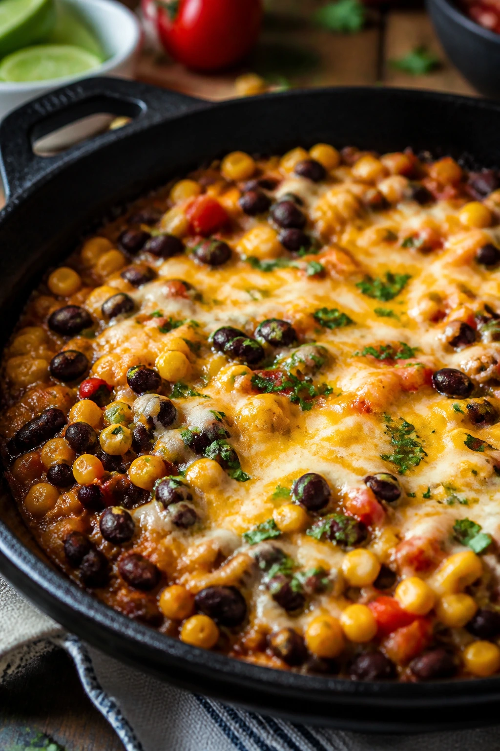 Skillet of black beans and corn with melted cheese