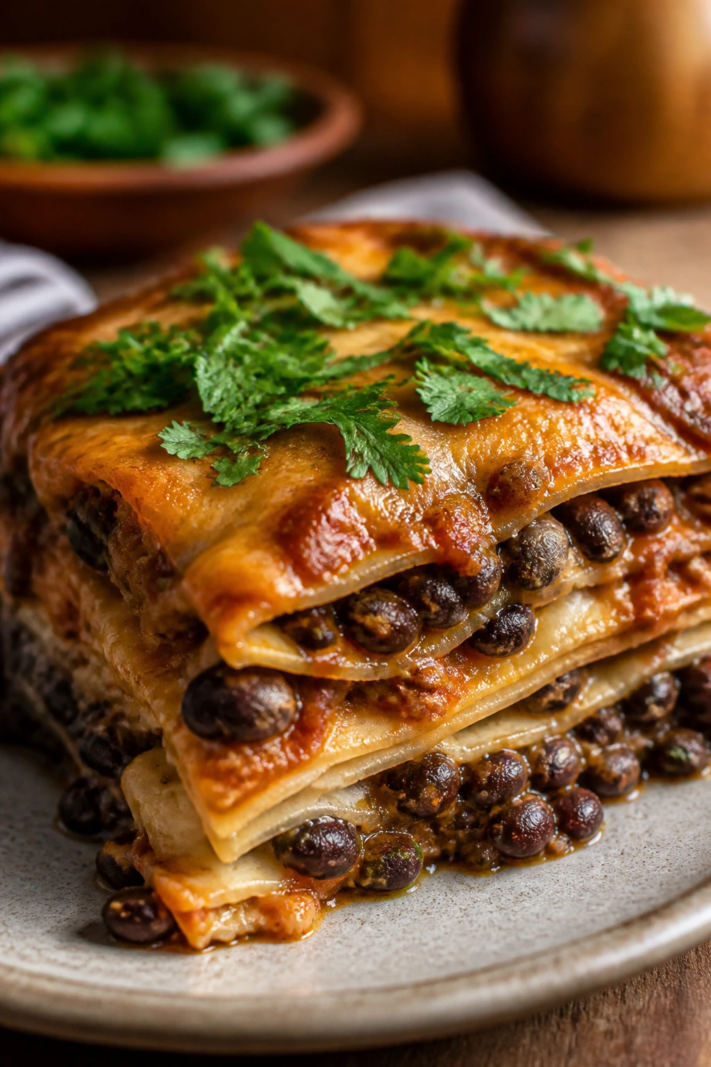 Slice of black bean enchilada casserole in a cozy kitchen.