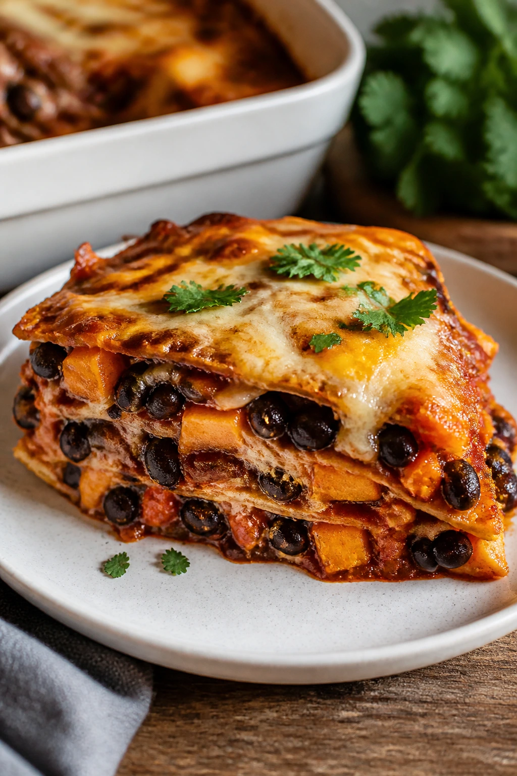 Slice of black bean enchilada casserole with cheese and sauce.