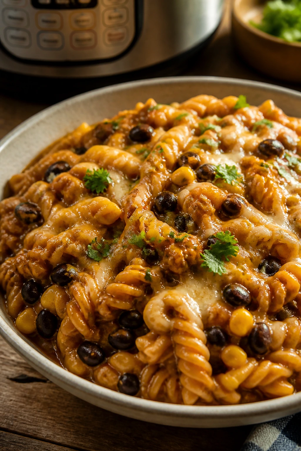 Close-up of black bean enchilada pasta in a bowl