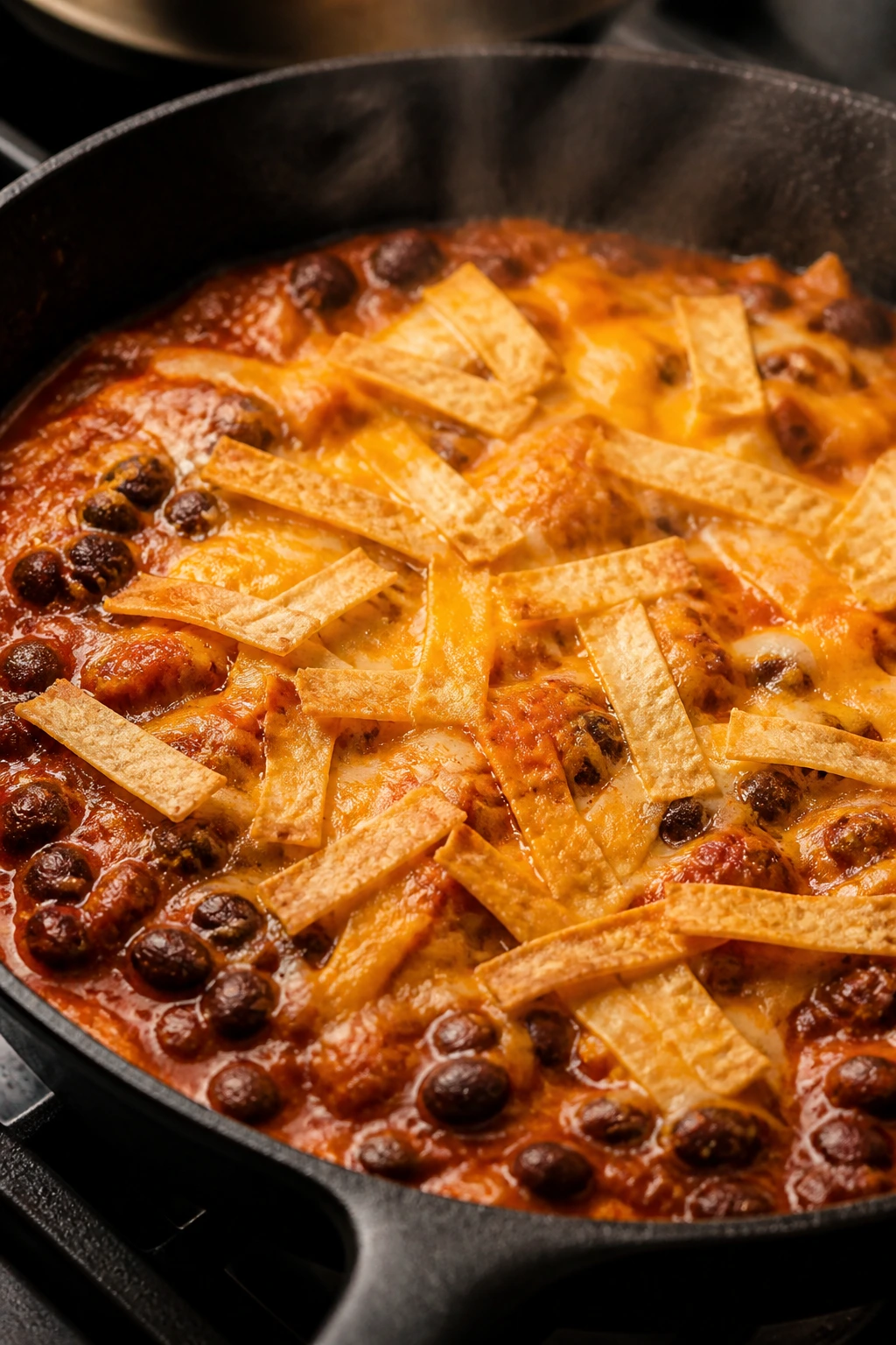 Skillet with black bean enchiladas, cheese and tortilla strips