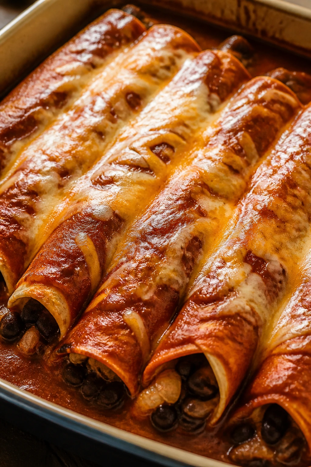 Pan of black bean enchiladas with red sauce and cheese