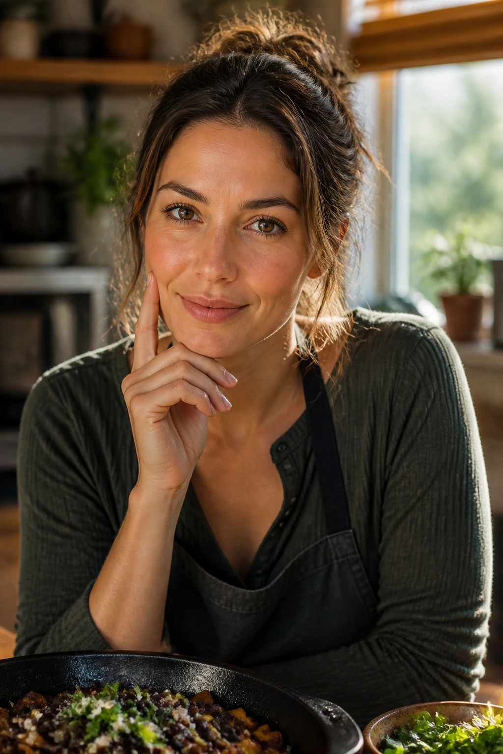 Portrait of a real person in a kitchen, reflecting curiosity about frequently asked questions.