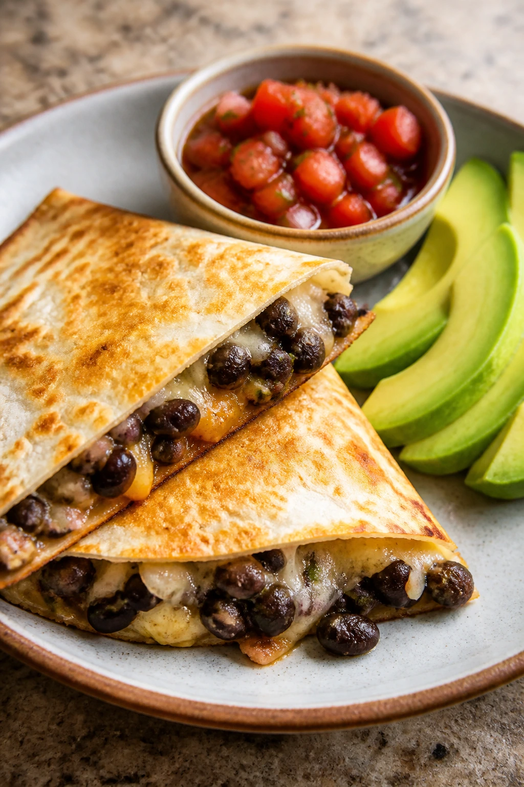 Quesadilla halves with black bean filling, salsa and avocado on the side.