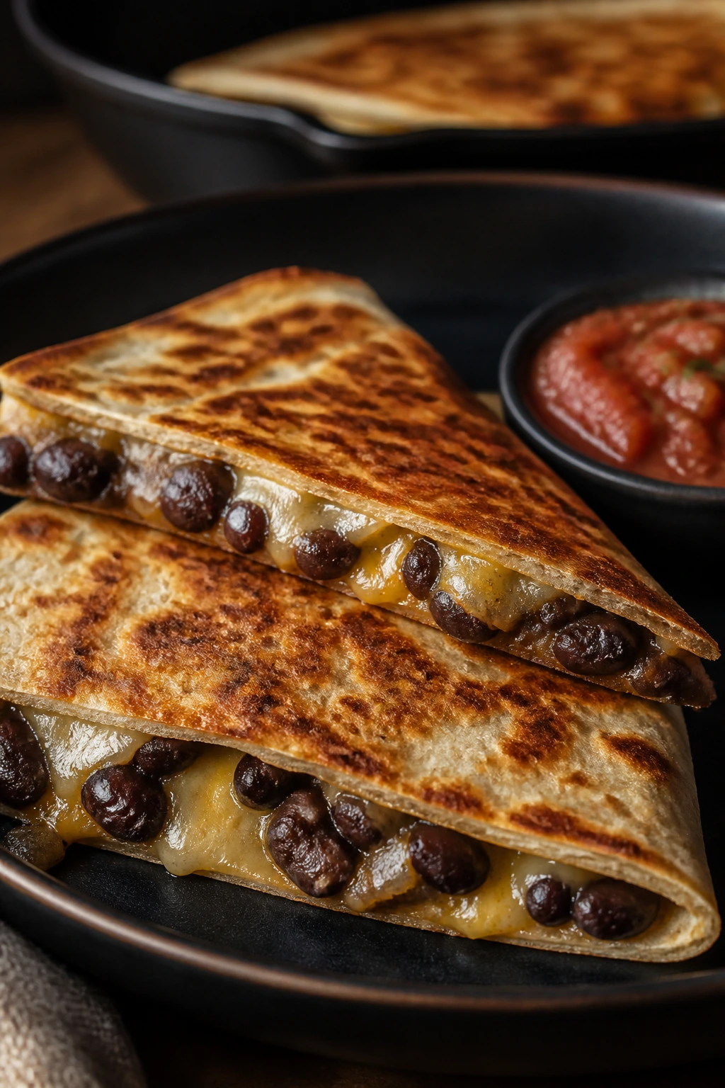 Close-up of a crisp bean quesadilla on a dark plate with cheese visible.