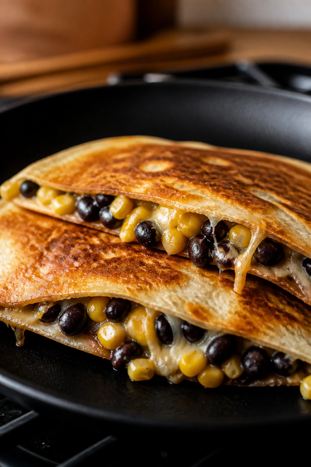 Black bean quesadillas with corn and cheese close-up