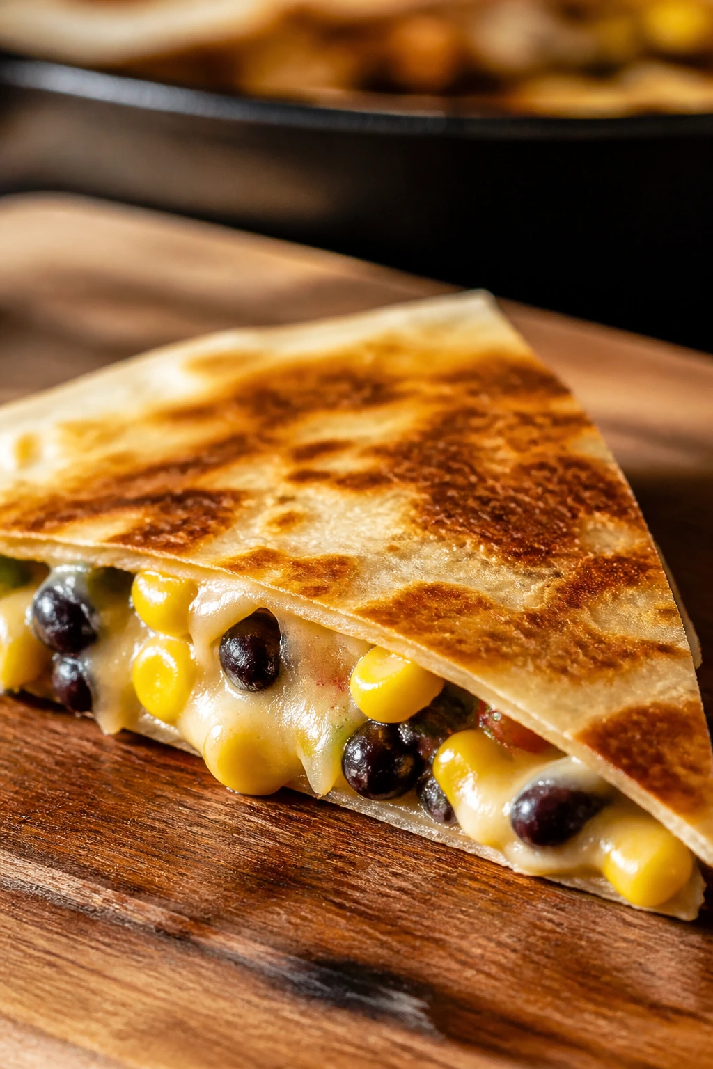 Vegetarian quesadilla wedge with black beans, corn, and pepper jack on wooden board