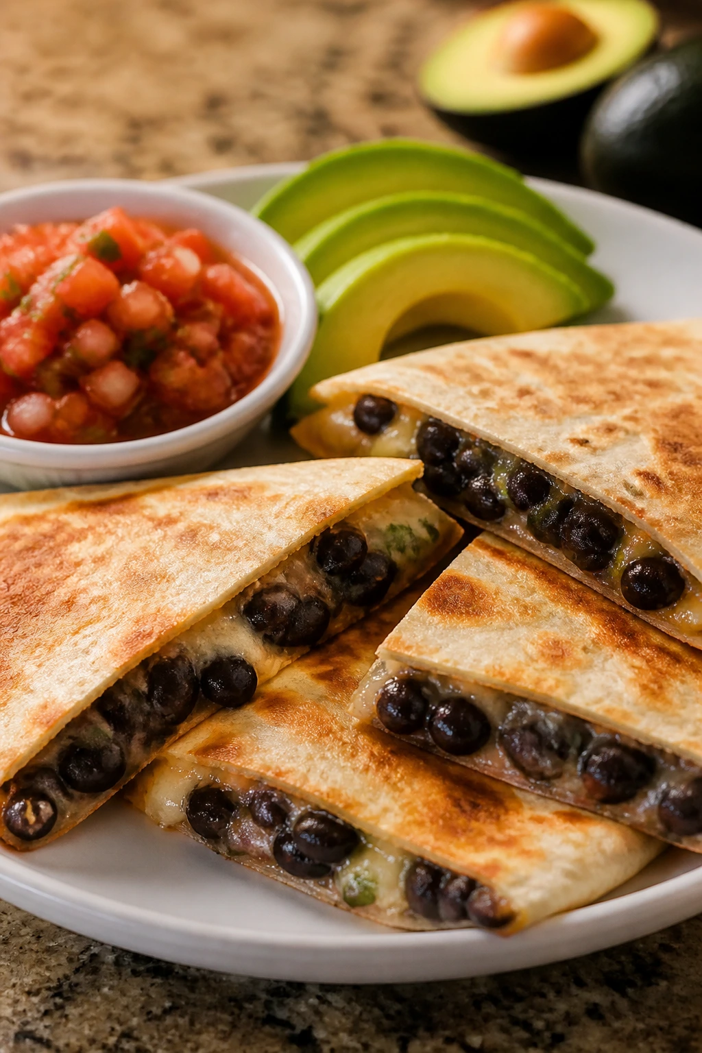 Close-up quesadillas with black beans, salsa, and avocado