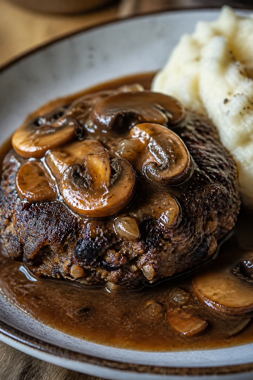 Close-up of smoky black bean Salisbury steak with mushroom gravy