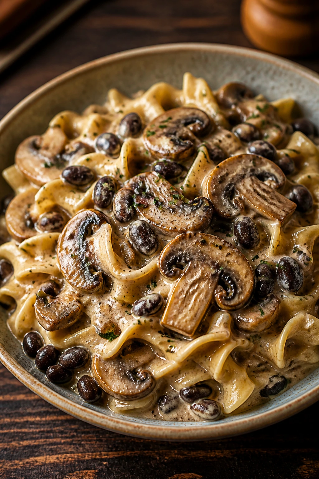 Close-up of black bean stroganoff with mushrooms and egg noodles in a bowl