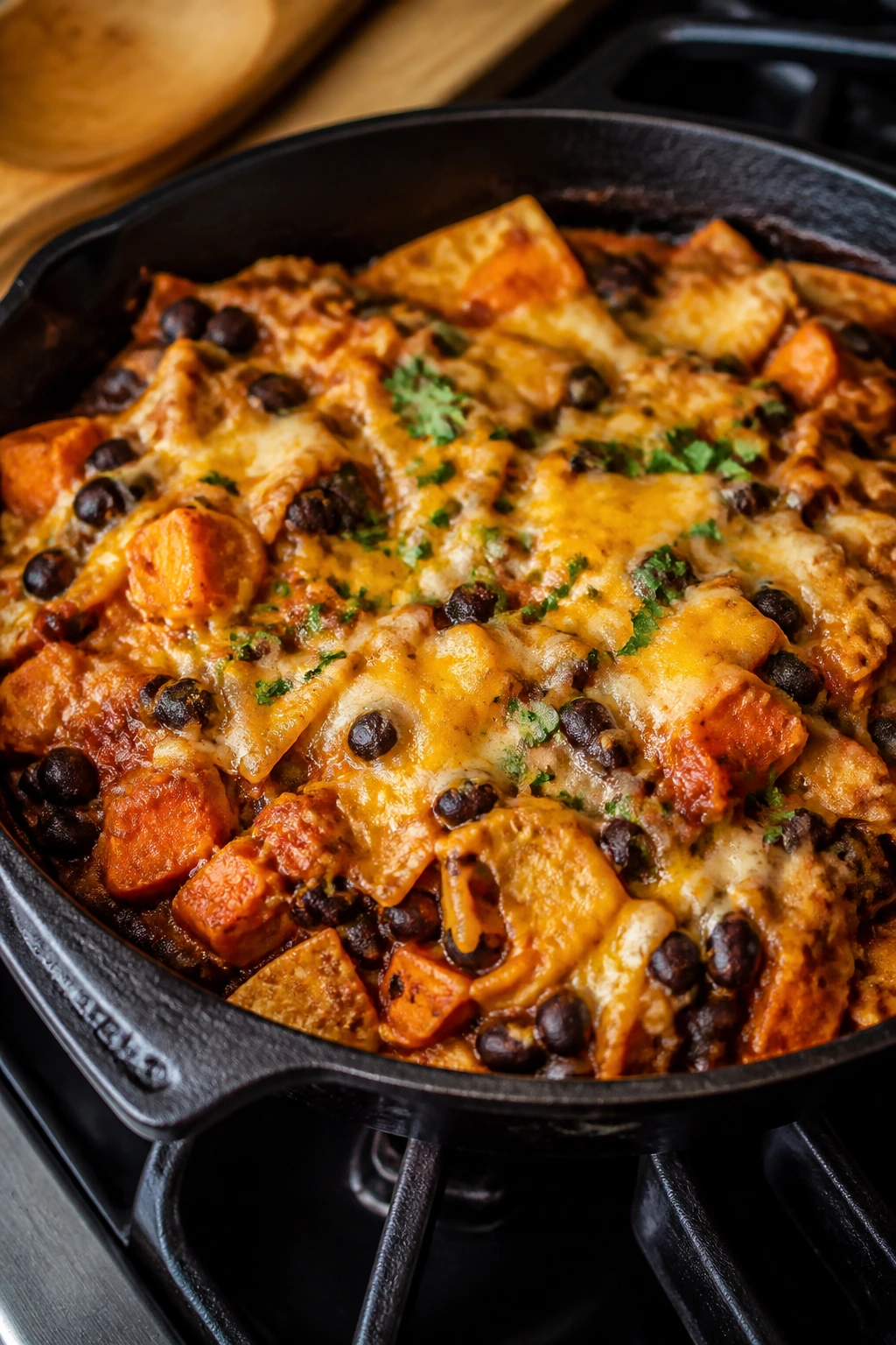 Skillet enchiladas with black beans and sweet potatoes