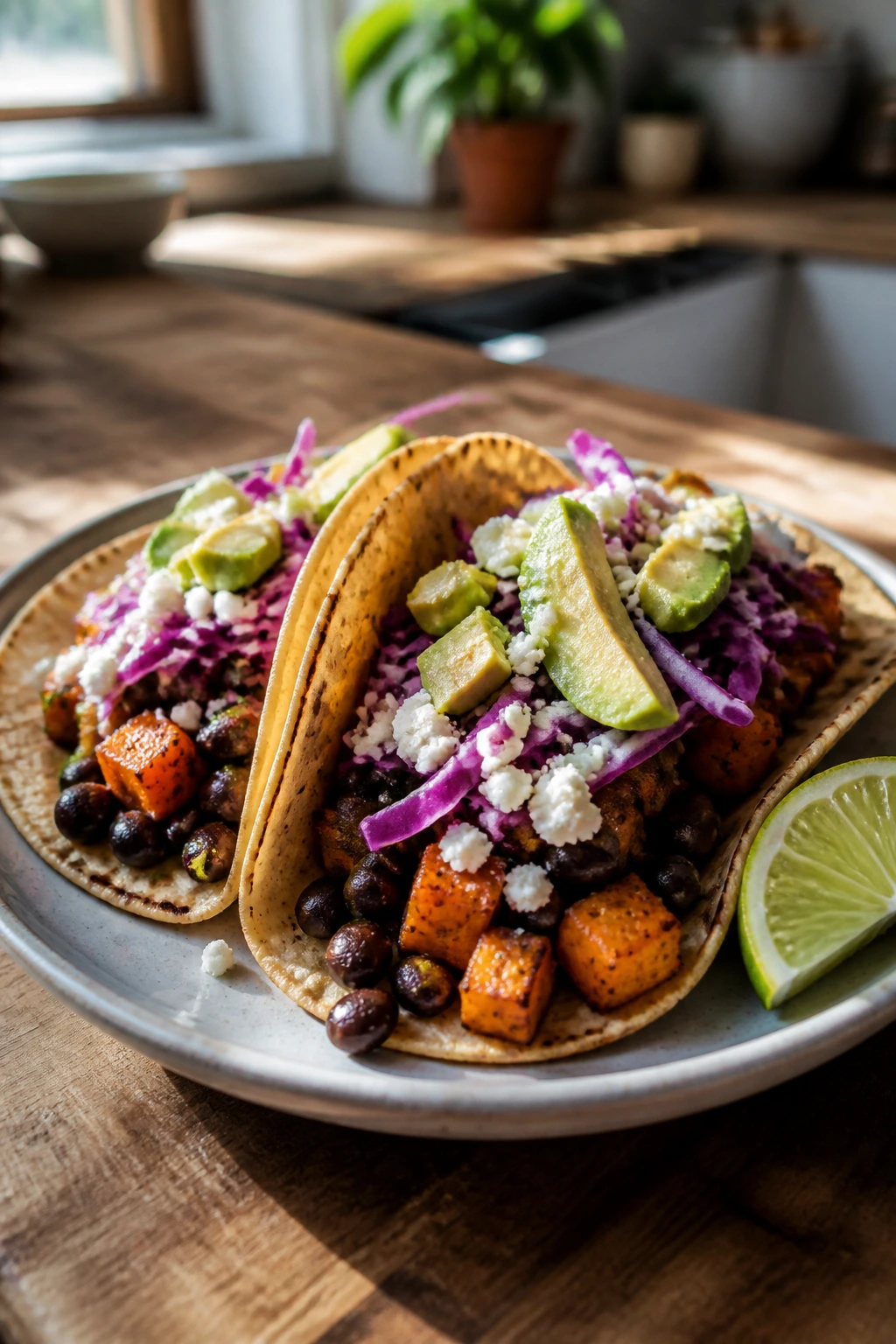 Close-up of black bean sweet potato tacos on plate with toppings in a sunlit kitchen