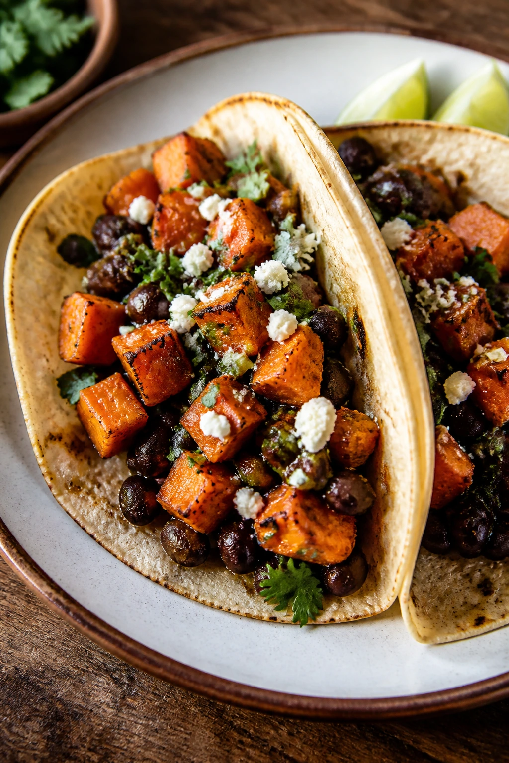Two tacos with black beans and roasted sweet potatoes on a plate