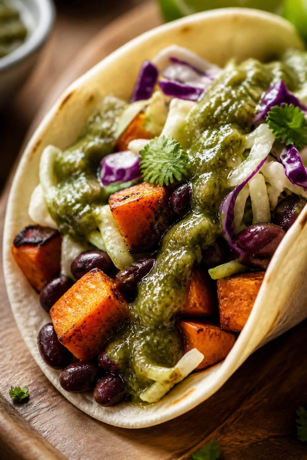 Taco filled with roasted sweet potato and black beans.