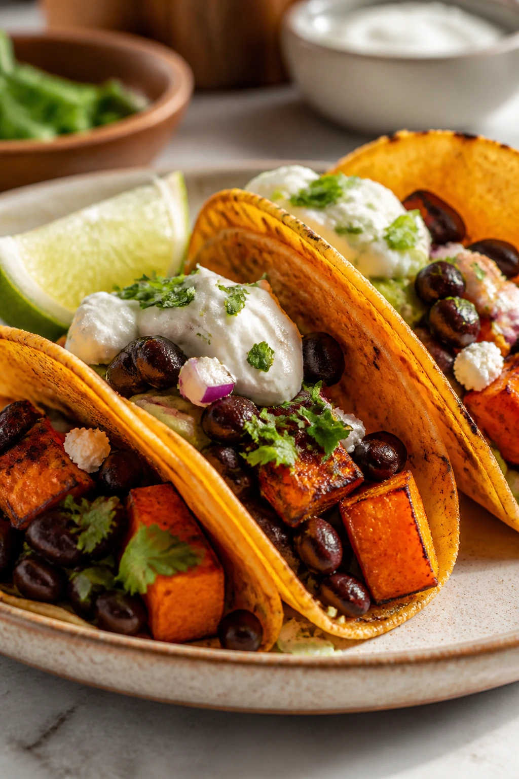 Close-up of crispy black bean and sweet potato tacos with lime