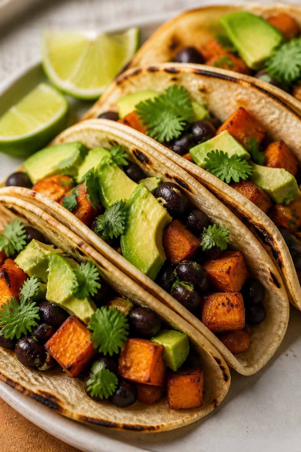 Close-up of Black Bean and Sweet Potato Street Tacos with avocado and lime