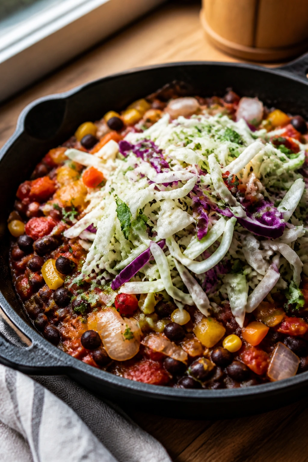 Close-up of Black Bean Taco Skillet with Cabbage Slaw in a cast-iron pan on a wooden counter