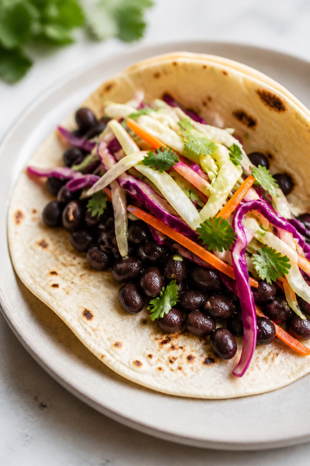 Taco with black beans and cabbage slaw on plate in bright kitchen