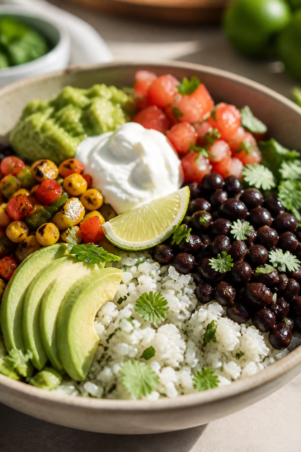Burrito bowl with lime rice and black beans in a bright kitchen