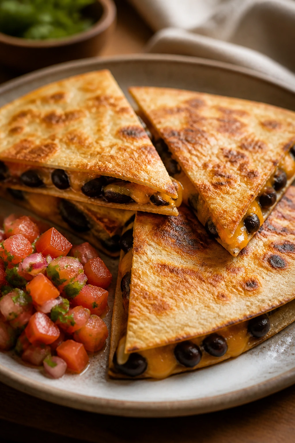 Close-up of black bean and cheddar quesadillas with pico filling