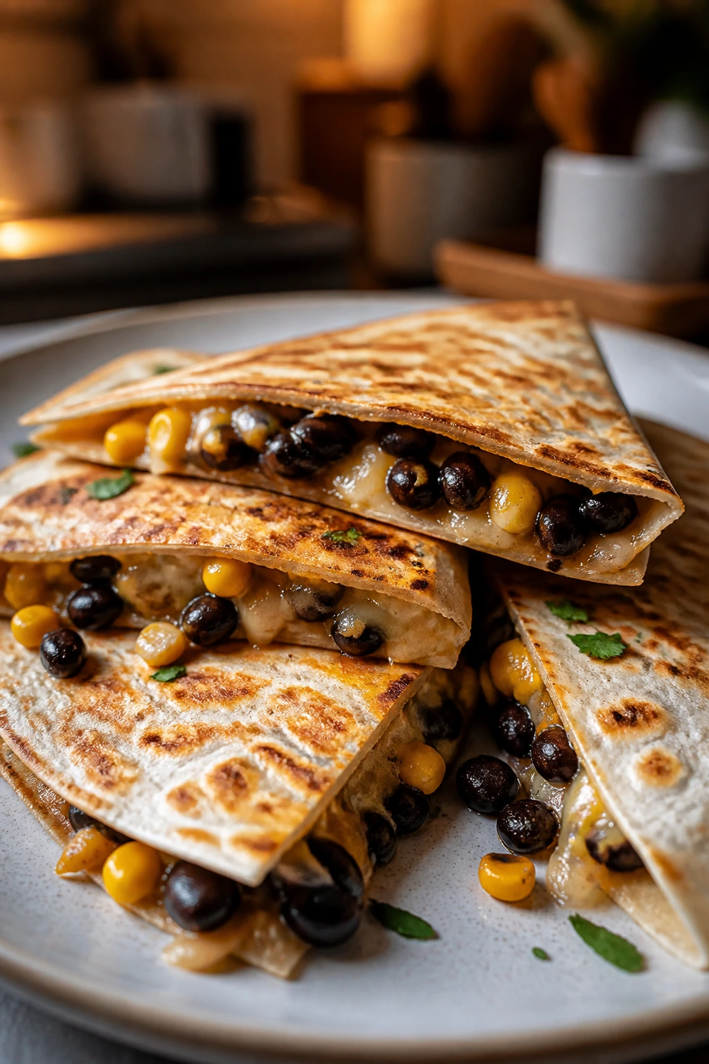 Quesadilla wedges showing black beans and corn filling