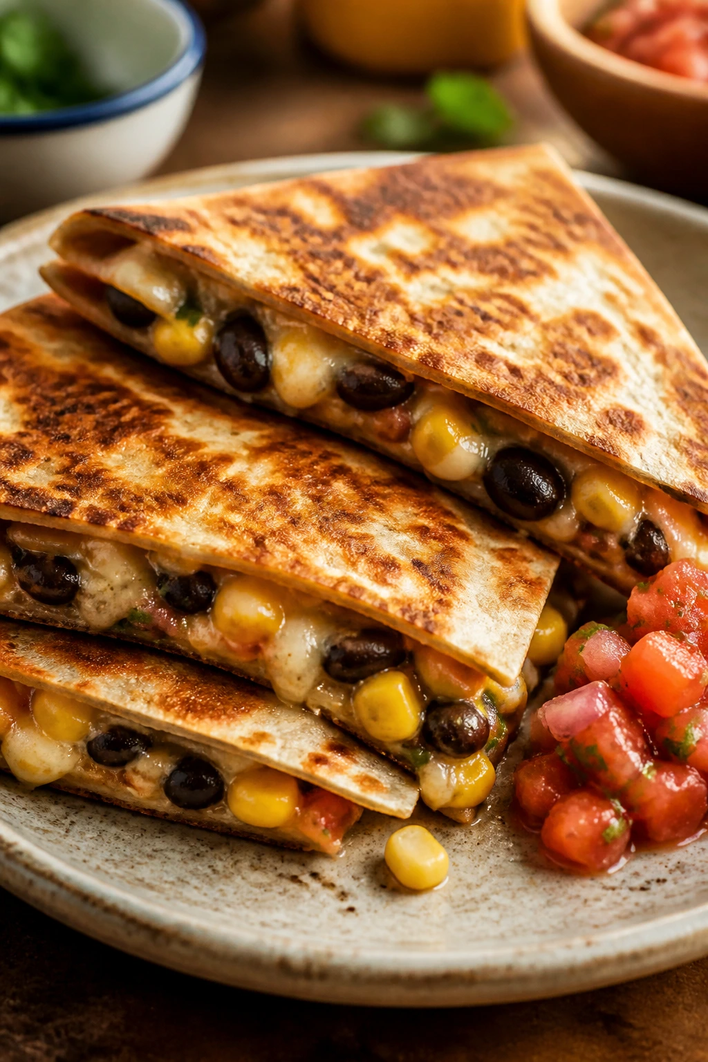 Close-up of black bean quesadillas with corn filling on a rustic plate