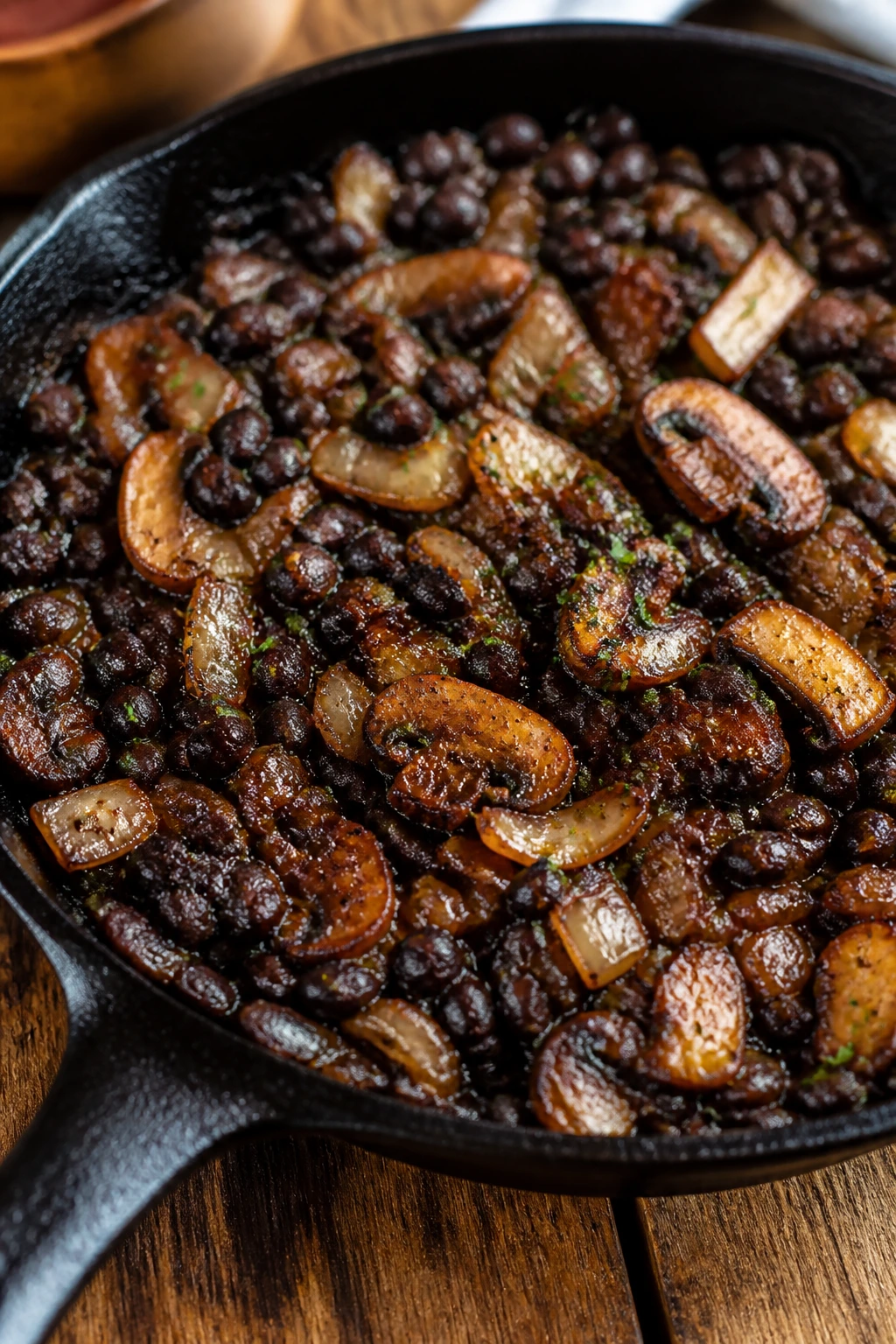 Close-up of a skillet black bean dish with browned onions and mushrooms