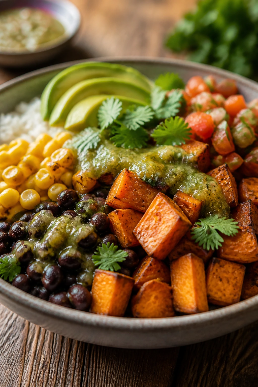 Close-up of a burrito bowl with roasted sweet potatoes, black beans, avocado and cilantro filling the frame