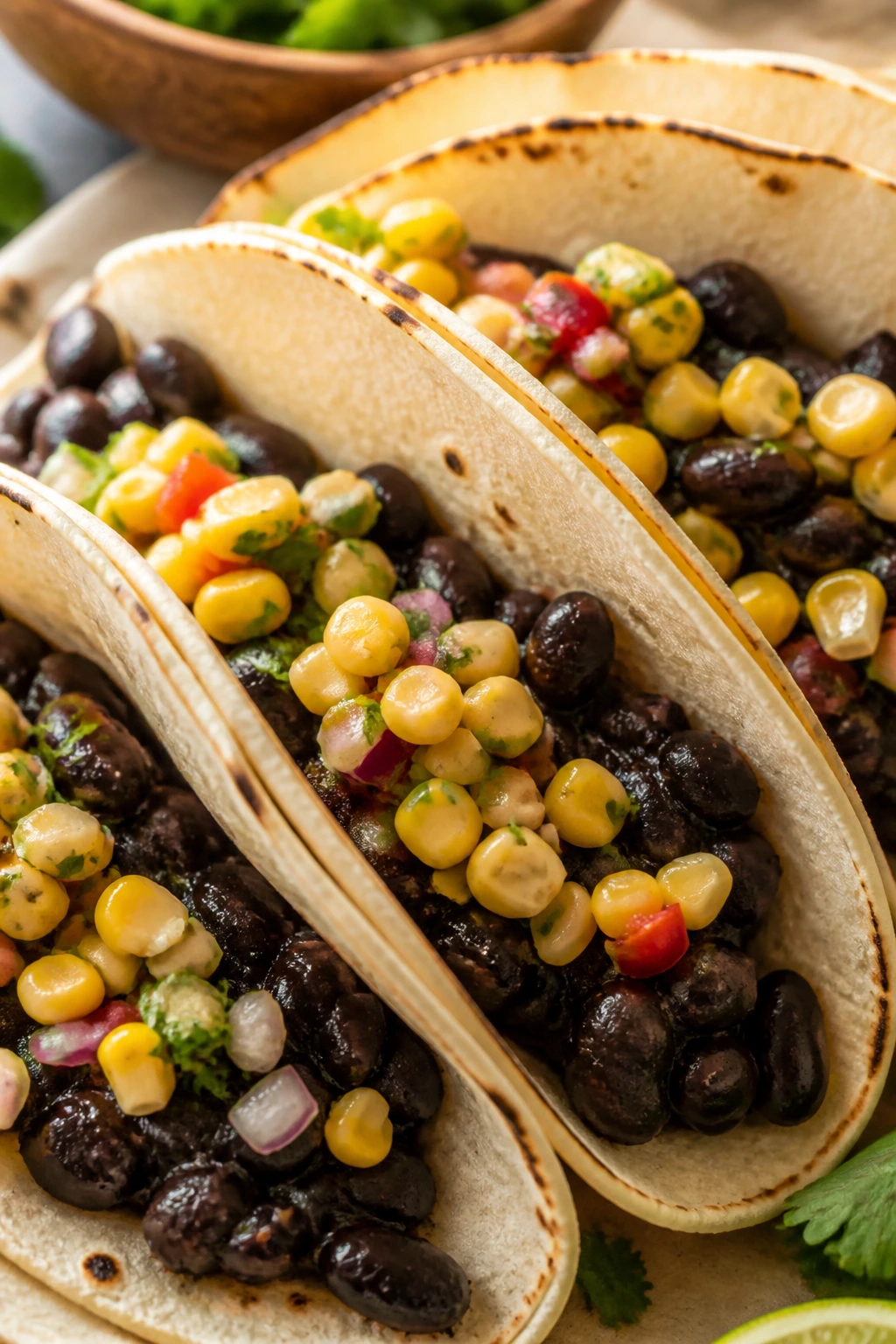 Close-up of black bean tacos with corn salsa on tortillas