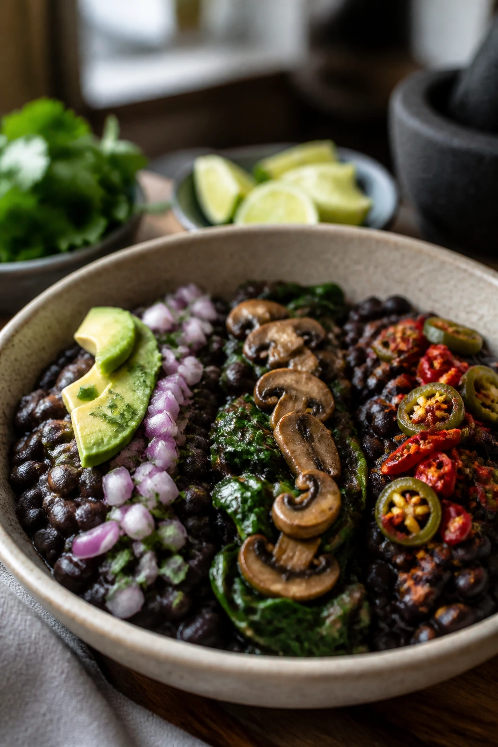 Close-up of black beans in a bowl with three distinct toppings suggesting variations and adaptations.