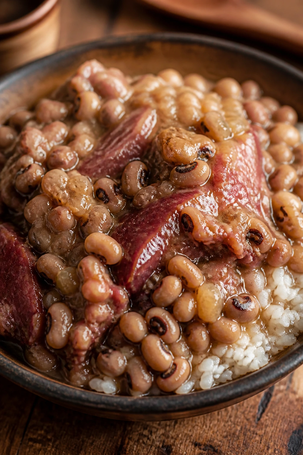 Creamy black-eyed peas with ham hock in a rustic bowl