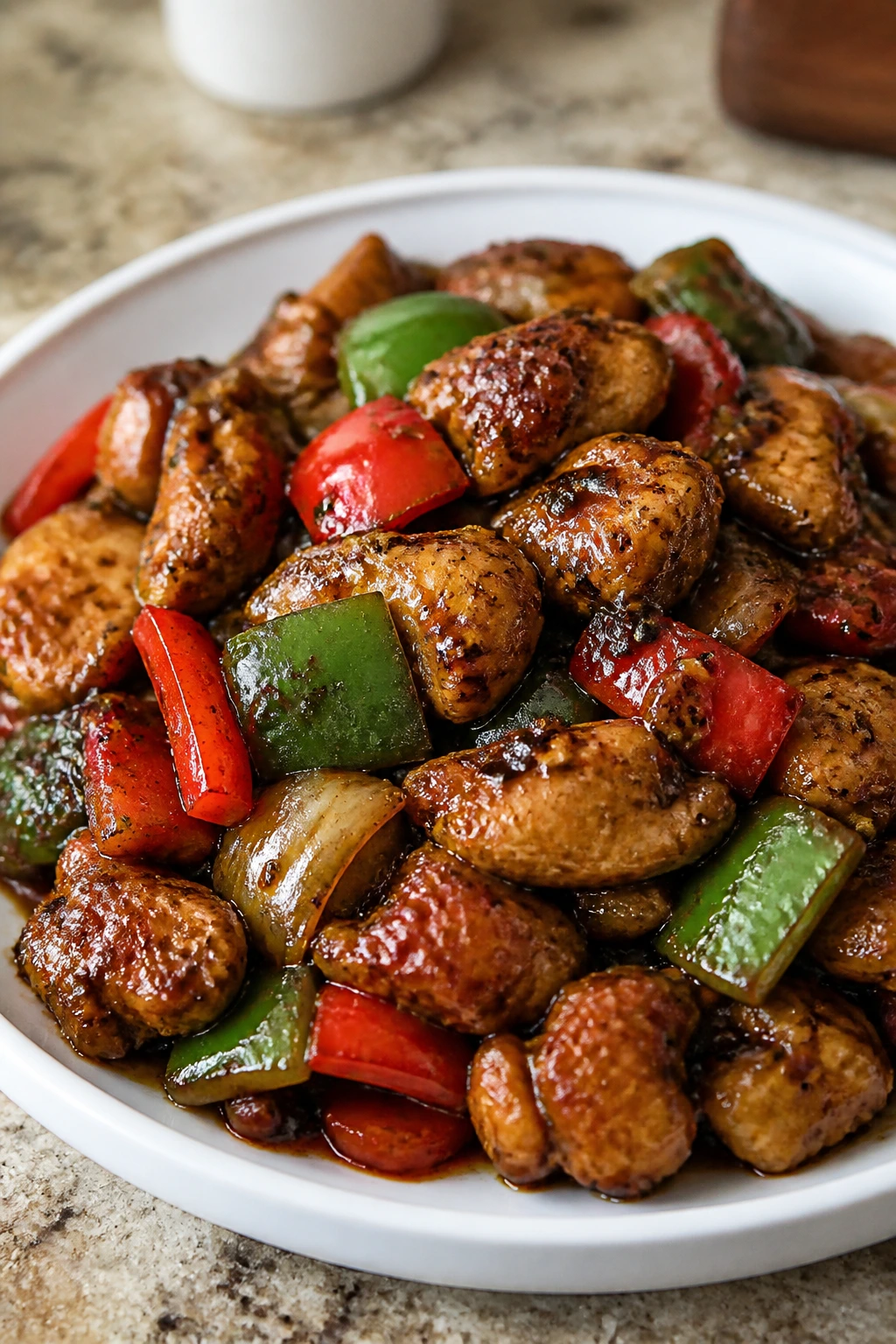 Close-up of black pepper chicken with peppers in a glossy sauce