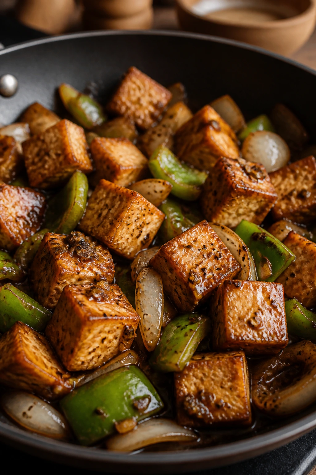 Seared tofu with onions and peppers in pepper sauce