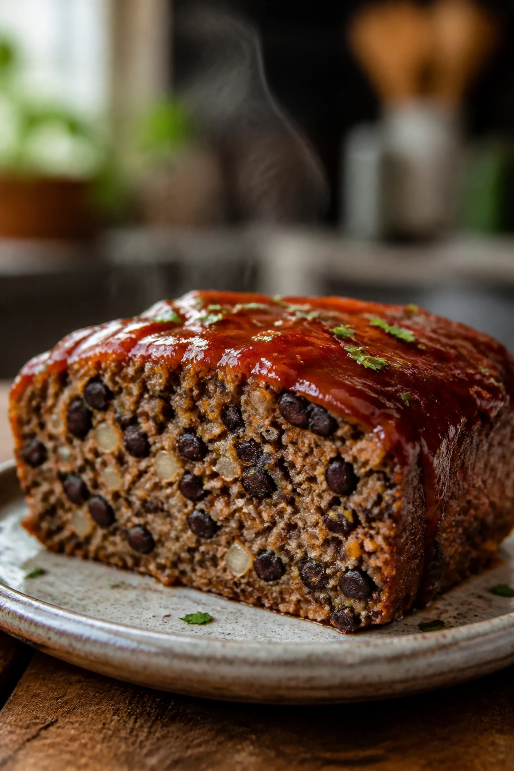Close-up of Black Bean Meatloaf with Tomato-Brown Sugar Glaze slice on a rustic plate