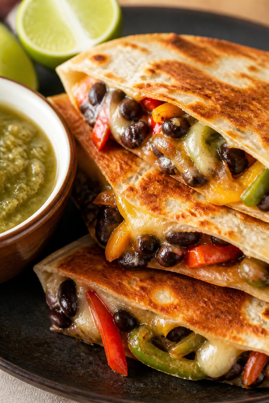 Close-up of black bean fajita quesadilla with salsa verde