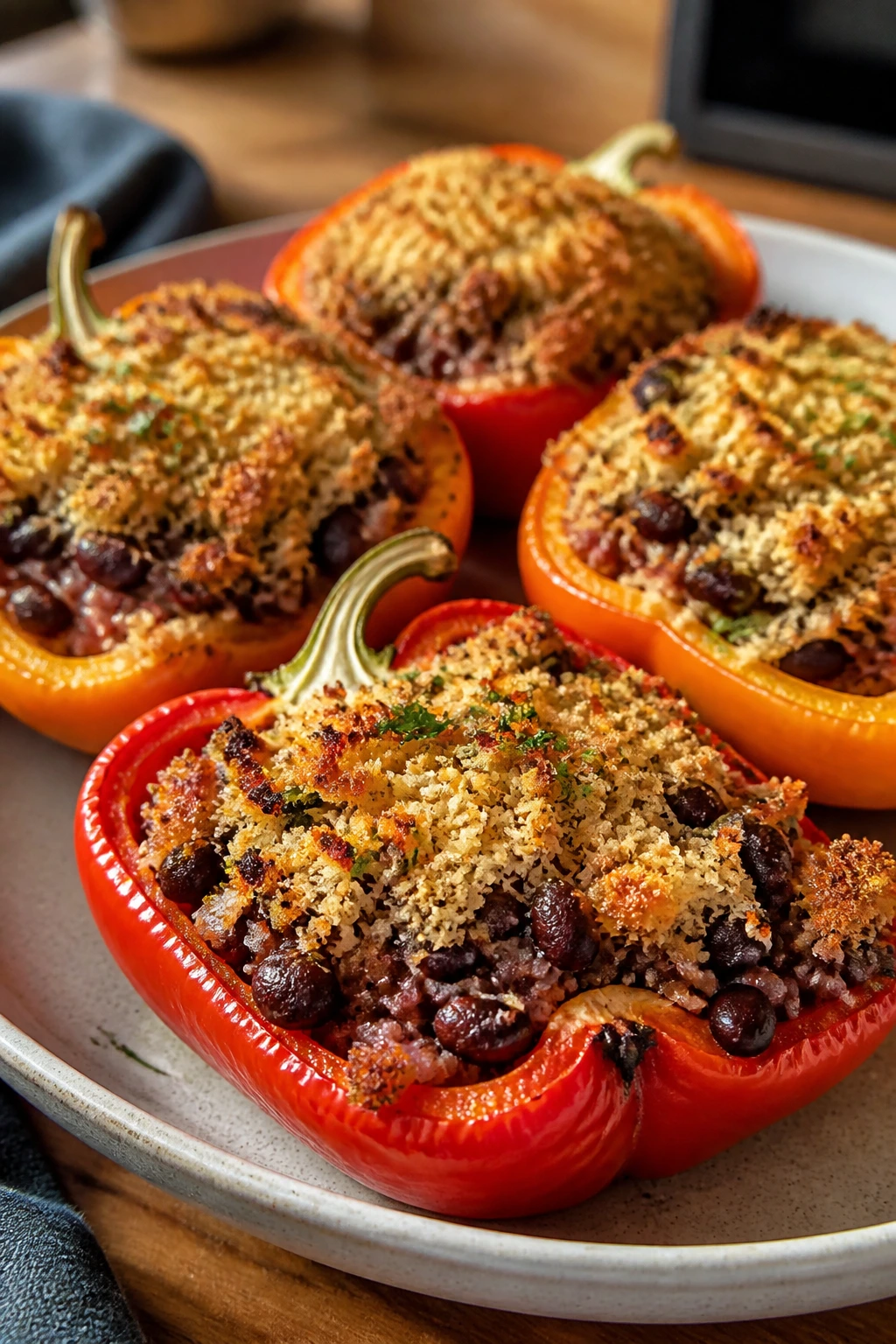 Halved peppers stuffed with black bean filling and garlic breadcrumbs