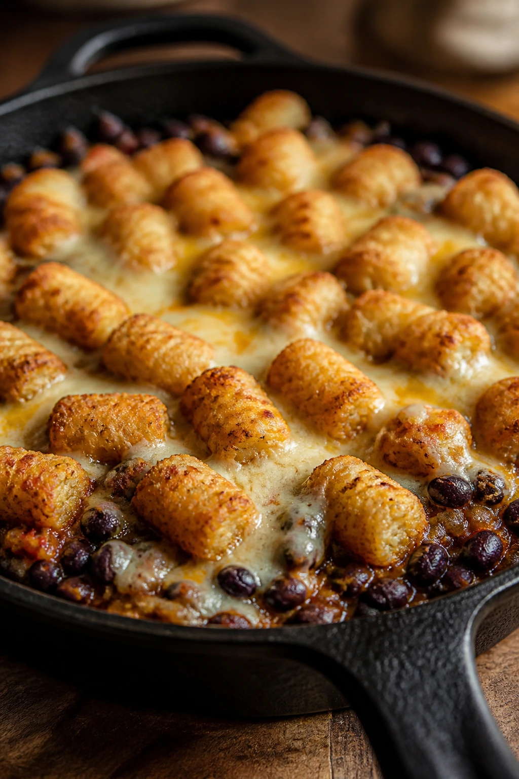 Cast-iron skillet with tater tots and pepper jack on black bean base